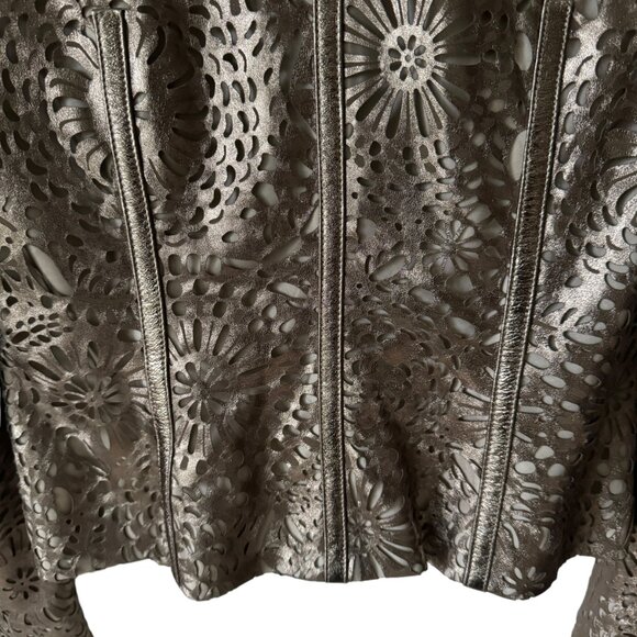 Worth Leather Jacket Sz 6 Floral Laser Cut Outs Bronze Champange Snap Front - Picture 10 of 16